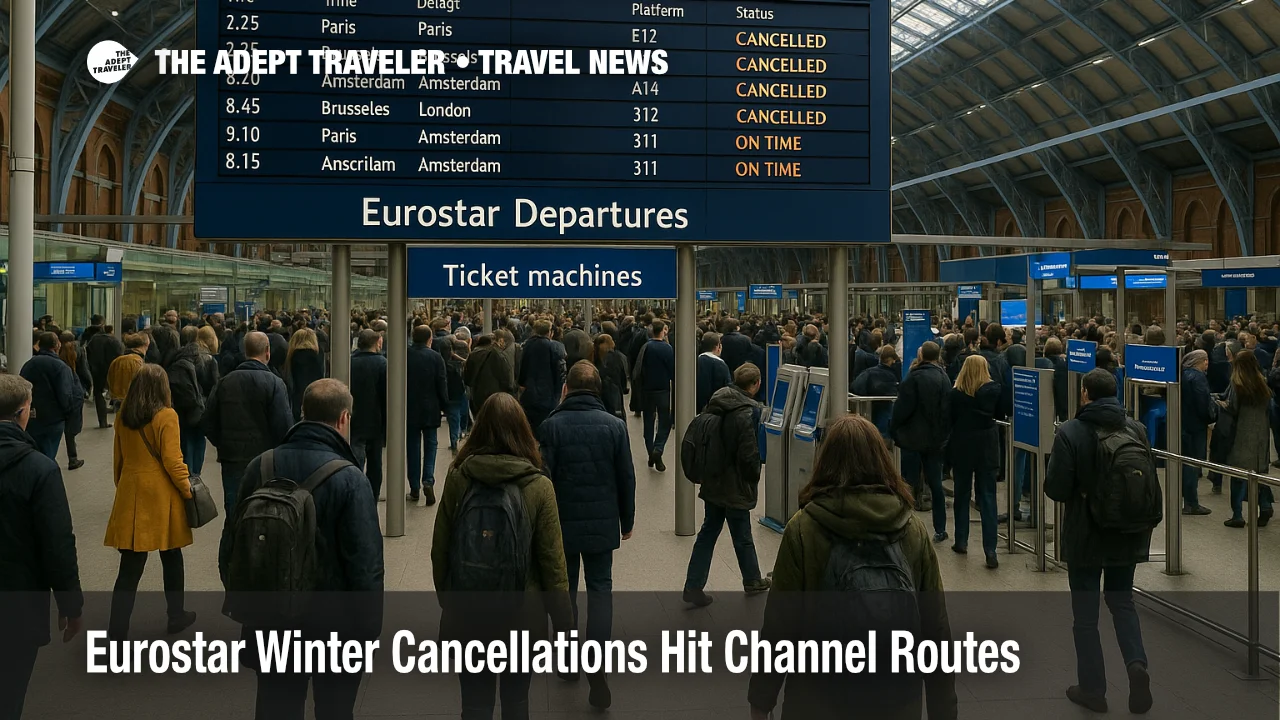 Travelers crowd the Eurostar departures hall at London St Pancras as Eurostar December cancellations tighten capacity on key Channel routes