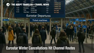 Travelers crowd the Eurostar departures hall at London St Pancras as Eurostar December cancellations tighten capacity on key Channel routes