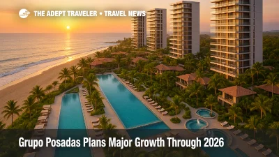 Aerial view of Sunvivia Mazatlán by Fiesta Americana, showing beachfront pools, oceanfront towers, and lush gardens at sunset