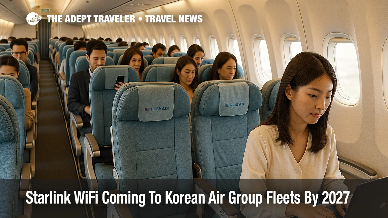 Passengers use devices in a Korean Air widebody cabin as new Starlink inflight WiFi rolls out across Hanjin Group airlines by 2027