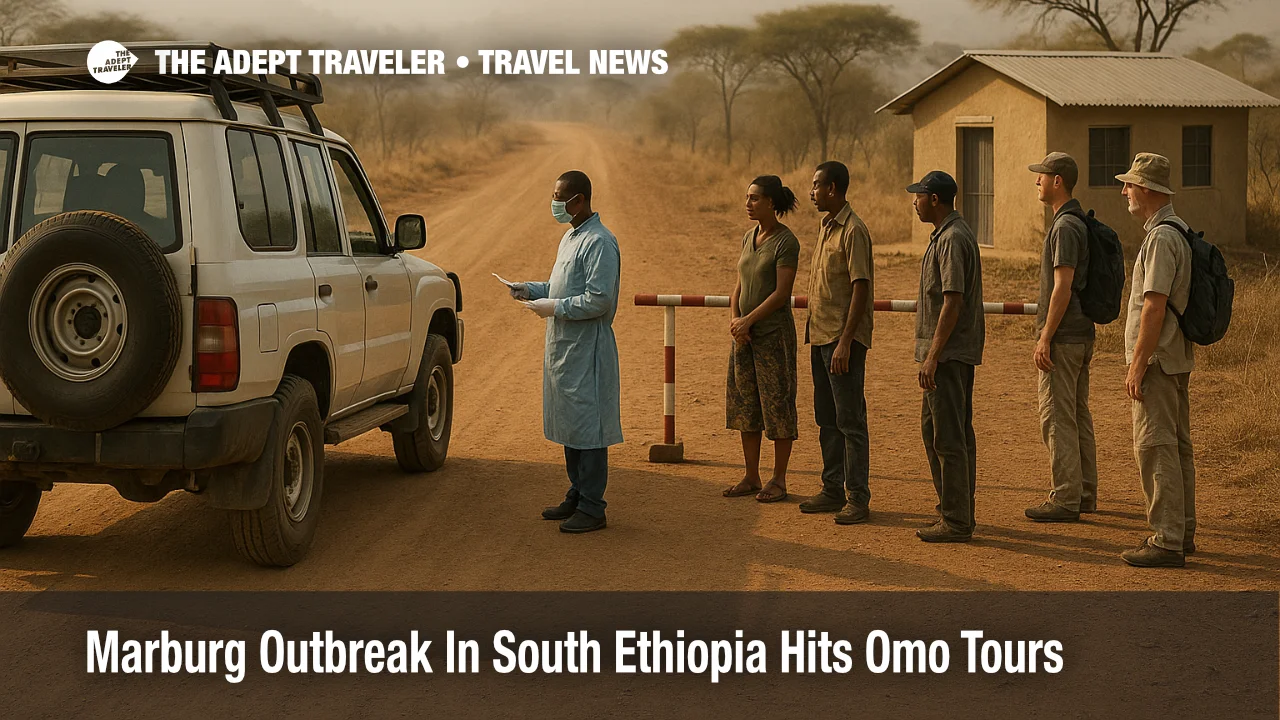 4x4 vehicle stops at rural checkpoint near Jinka as Marburg outbreak South Ethiopia tours face new health screening delays