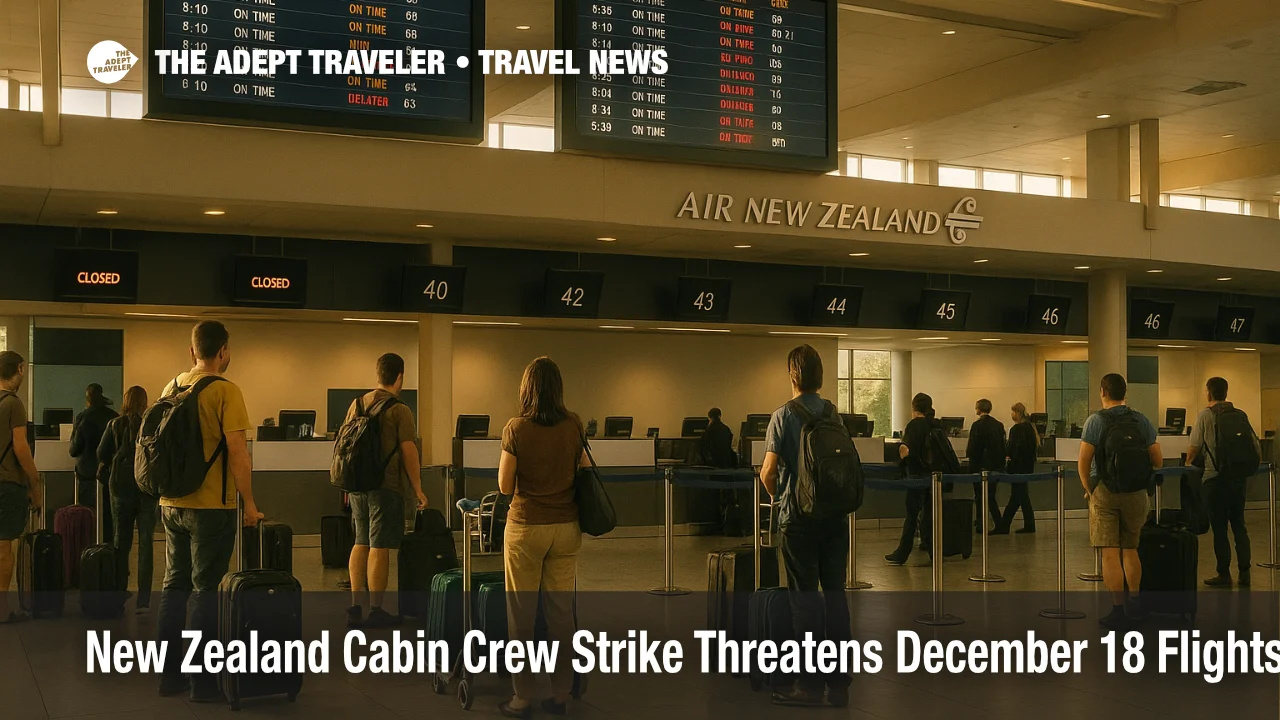 Passengers queue at Auckland Airport as New Zealand cabin crew strike flights risk December 18 disruptions to Air New Zealand departures