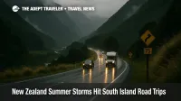Cars and a campervan navigate a wet mountain highway in Arthurs Pass as New Zealand summer storms make South Island road trips more hazardous