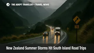 Cars and a campervan navigate a wet mountain highway in Arthurs Pass as New Zealand summer storms make South Island road trips more hazardous