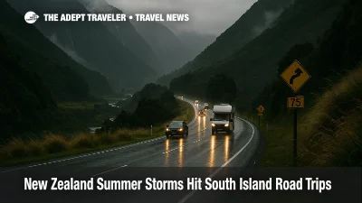 Cars and a campervan navigate a wet mountain highway in Arthurs Pass as New Zealand summer storms make South Island road trips more hazardous