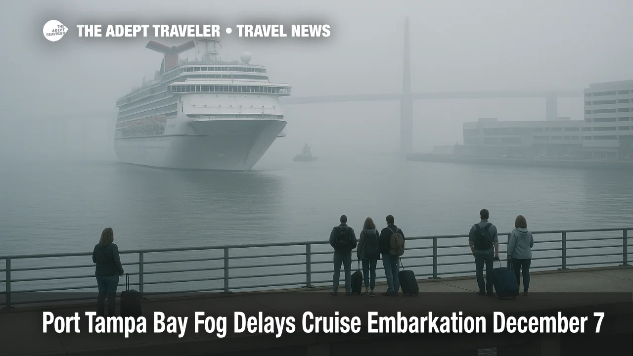 Cruise ship approaches Sunshine Skyway Bridge in Port Tampa Bay fog delays, with low visibility slowing embarkation.