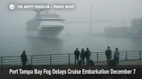 Cruise ship approaches Sunshine Skyway Bridge in Port Tampa Bay fog delays, with low visibility slowing embarkation.