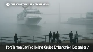 Cruise ship approaches Sunshine Skyway Bridge in Port Tampa Bay fog delays, with low visibility slowing embarkation.