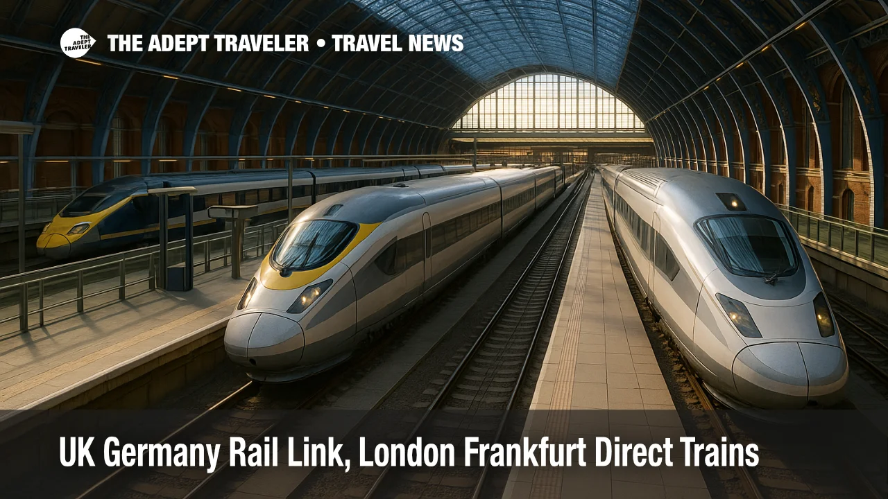 High speed trains at London St Pancras show a future London to Frankfurt direct train link between the UK and Germany.