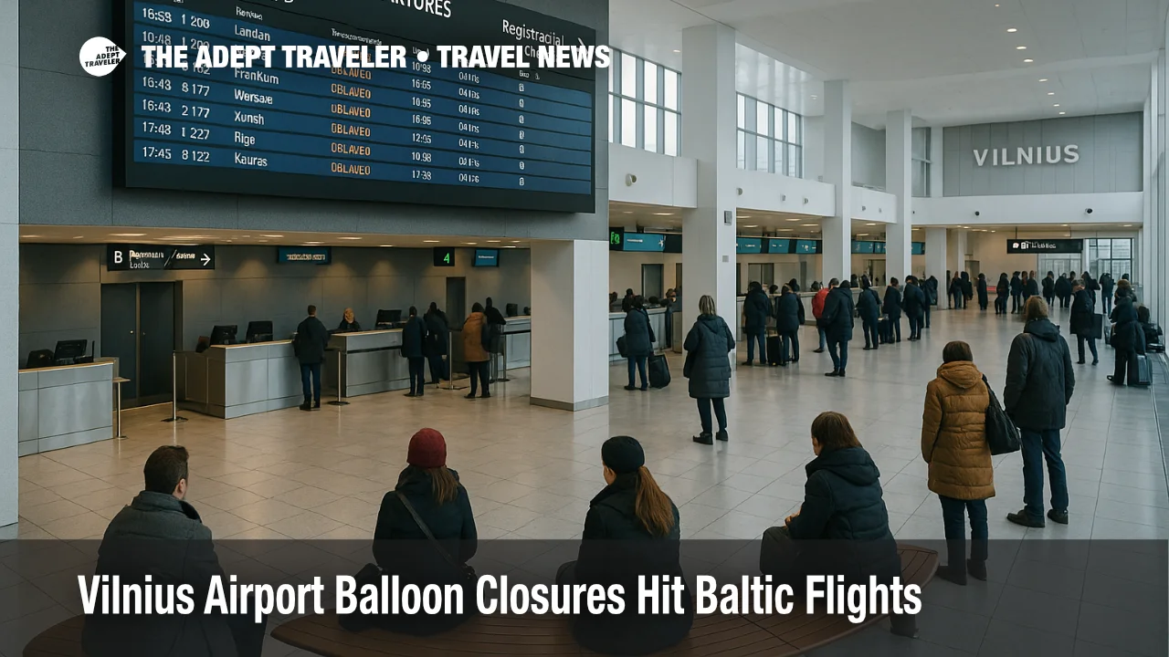 Travelers wait under a departures board inside Vilnius as balloon related airport closures delay Baltic winter flights and connections