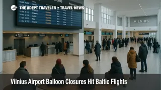 Travelers wait under a departures board inside Vilnius as balloon related airport closures delay Baltic winter flights and connections