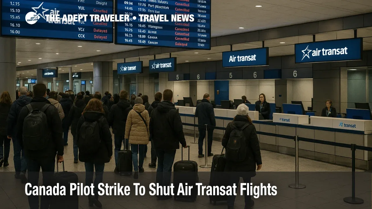 Travelers queue at Montreal Trudeau as the Air Transat pilot strike flights wind down check in counters and show multiple cancellations on the board