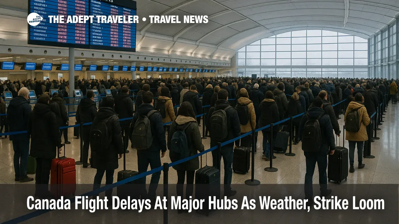 Travelers queue at Toronto Pearson as Canada airport flight delays stack up on departure boards during a snowy December day.