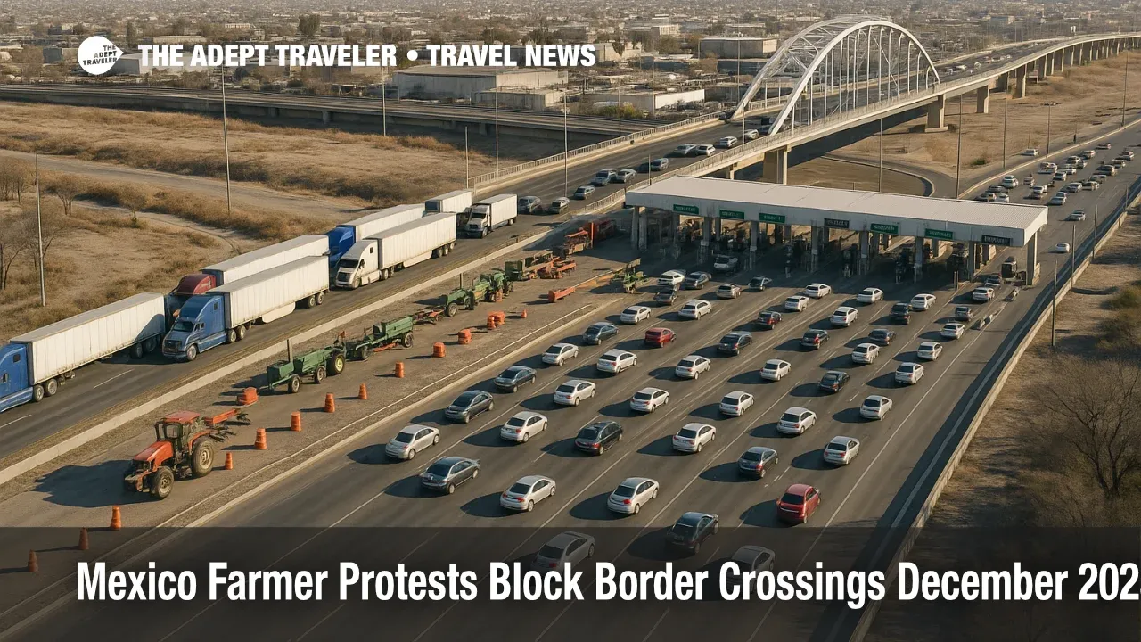 Aerial view of Mexico farmer protest border crossings near Ciudad Juárez, with trucks queued at the Ysleta-Zaragoza bridge and traffic halted on highway approaches.