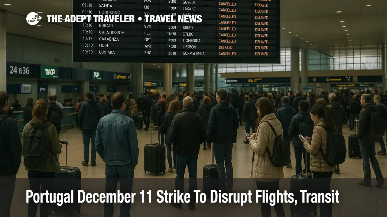 Travelers watch a departures board inside Lisbon airport during the Portugal general strike flights disruption on December 11, 2025, as many services are cancelled.