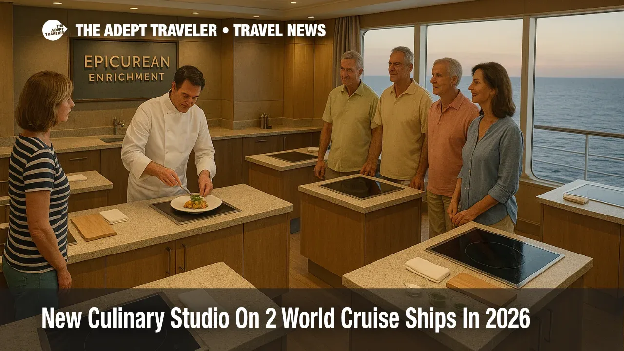 Guests attend a chef led class in the new Regent culinary studio Mariner Voyager style Epicurean Enrichment Studio aboard Seven Seas Mariner with ocean views in the background
