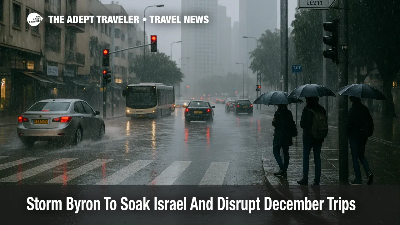 Heavy rain from Storm Byron floods a central Tel Aviv street as traffic and pedestrians struggle with storm related Israel travel disruption