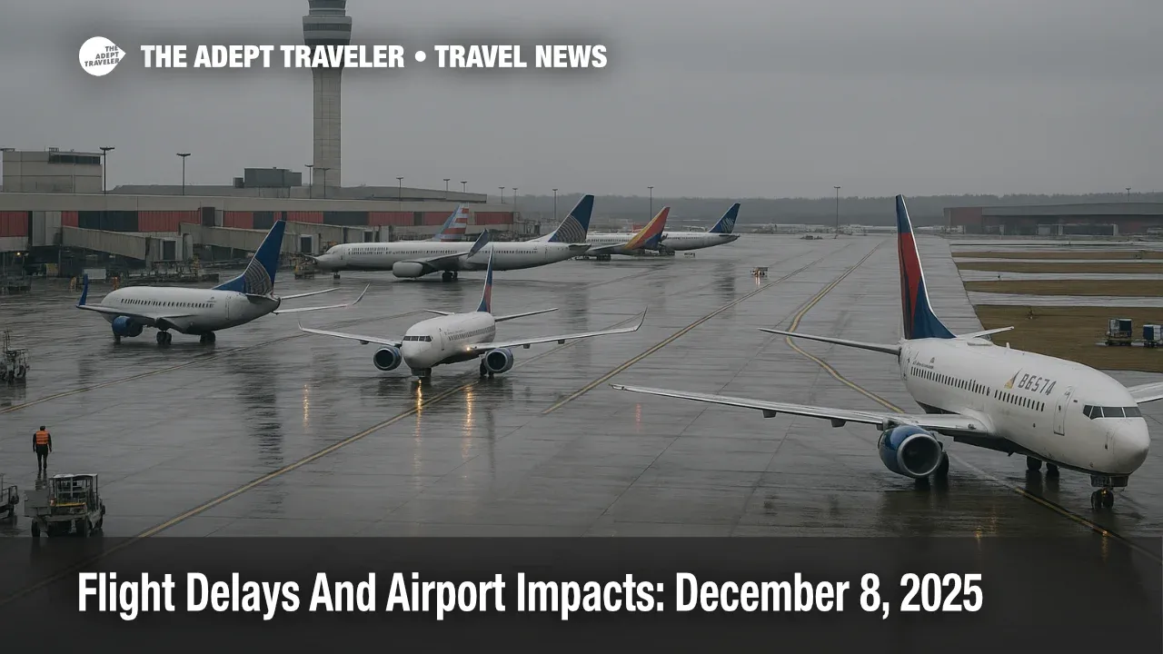 Airliners queue on wet taxiways at Hartsfield Jackson during U.S. flight delays December 8 as low clouds and gray skies slow departures.