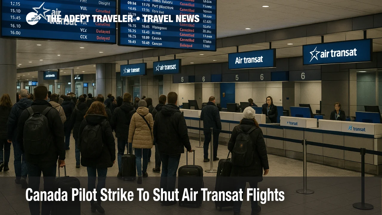 Travelers queue at Montreal Trudeau as the Air Transat pilot strike flights wind down check in counters and show multiple cancellations on the board