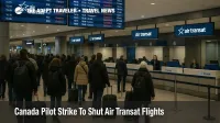 Travelers queue at Montreal Trudeau as the Air Transat pilot strike flights wind down check in counters and show multiple cancellations on the board