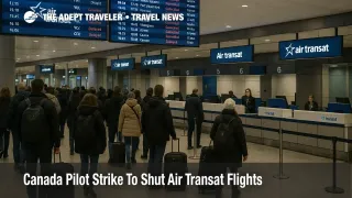 Travelers queue at Montreal Trudeau as the Air Transat pilot strike flights wind down check in counters and show multiple cancellations on the board
