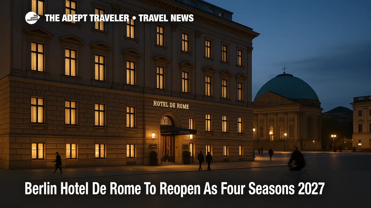 Evening street view of Hotel de Rome in Berlin becoming Four Seasons Hotel Berlin opening 2027 for luxury travelers.