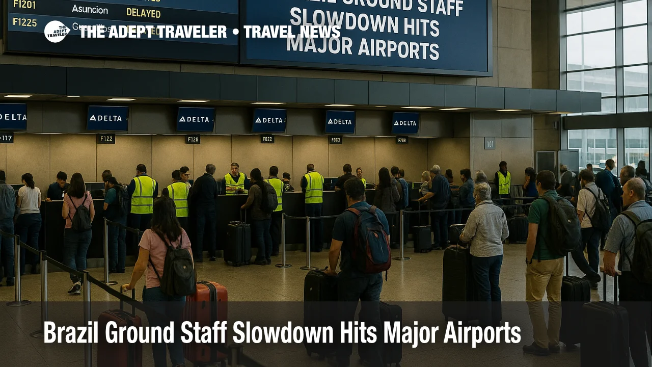 Travelers wait at São Paulo Guarulhos departures hall as a Brazil airport ground staff slowdown lengthens queues and baggage delivery times