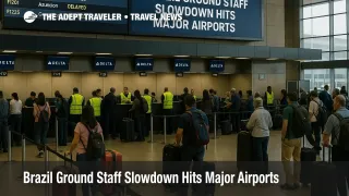 Travelers wait at São Paulo Guarulhos departures hall as a Brazil airport ground staff slowdown lengthens queues and baggage delivery times