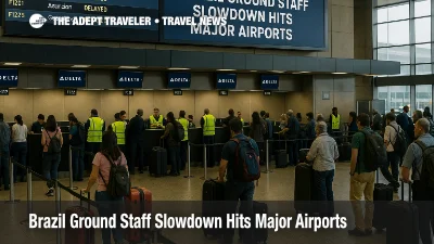 Travelers wait at São Paulo Guarulhos departures hall as a Brazil airport ground staff slowdown lengthens queues and baggage delivery times