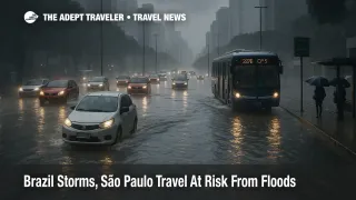 Cars and buses crawl through a flooded São Paulo avenue during Brazil storms São Paulo travel disruptions caused by intense summer thunderstorms and rain