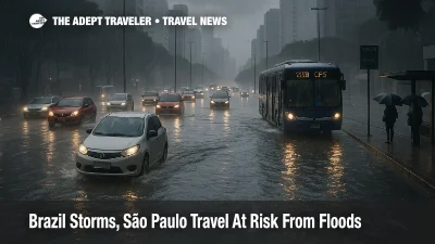 Cars and buses crawl through a flooded São Paulo avenue during Brazil storms São Paulo travel disruptions caused by intense summer thunderstorms and rain