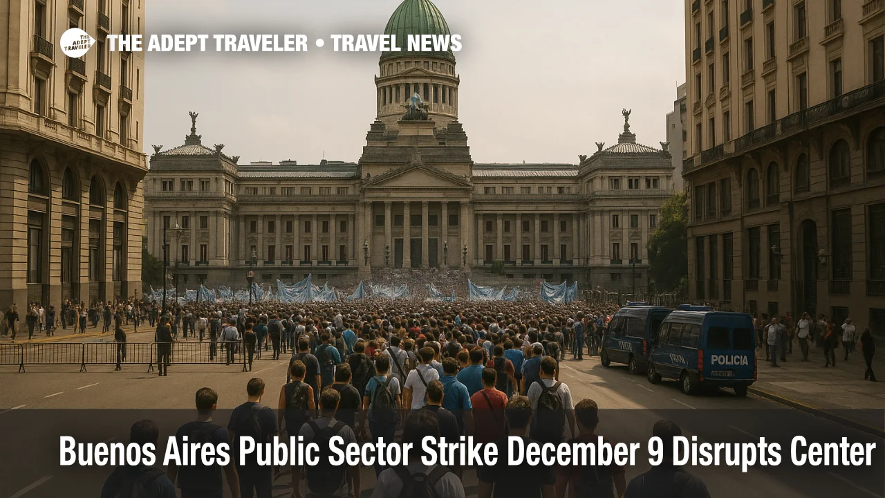 Protesters fill streets near Congress in Buenos Aires during a public sector strike on December 9, disrupting central routes and city travel plans