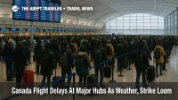 Travelers queue at Toronto Pearson as Canada airport flight delays stack up on departure boards during a snowy December day.