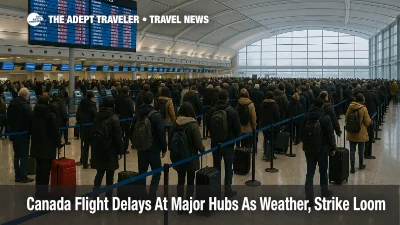 Travelers queue at Toronto Pearson as Canada airport flight delays stack up on departure boards during a snowy December day.