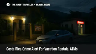 Night scene of a gated Tamarindo vacation rental and nearby ATM, illustrating the Costa Rica crime alert for rentals and cash safety