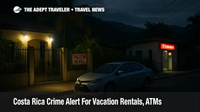 Night scene of a gated Tamarindo vacation rental and nearby ATM, illustrating the Costa Rica crime alert for rentals and cash safety