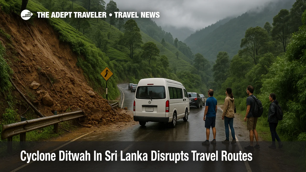 Tourists wait beside a van on a blocked hill road in Kandy District, illustrating Sri Lanka travel after Cyclone Ditwah and landslide damaged routes