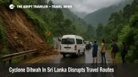 Tourists wait beside a van on a blocked hill road in Kandy District, illustrating Sri Lanka travel after Cyclone Ditwah and landslide damaged routes