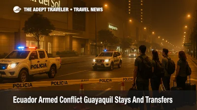 Police vehicles block roads near Mall del Sol as Ecuador armed conflict travel risks affect Guayaquil hotel stays and airport transfers