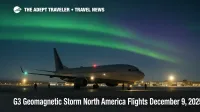 Airliner on the ramp at Anchorage under a G3 geomagnetic storm North America flights aurora display, suggesting minor space weather risk but normal operations