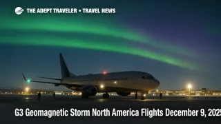 Airliner on the ramp at Anchorage under a G3 geomagnetic storm North America flights aurora display, suggesting minor space weather risk but normal operations