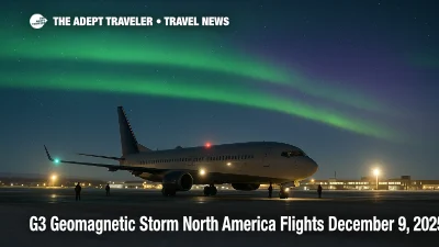 Airliner on the ramp at Anchorage under a G3 geomagnetic storm North America flights aurora display, suggesting minor space weather risk but normal operations