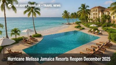 Guests relax by the pool at a reopened Ocho Rios beach resort during the Hurricane Melissa Jamaica resorts reopening, with calm seas and clear skies