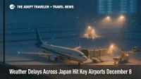 Snowy tarmac at New Chitose as Japan airport weather delays disrupt evening flights linking Sapporo, Tokyo Haneda, and Osaka Itami.
