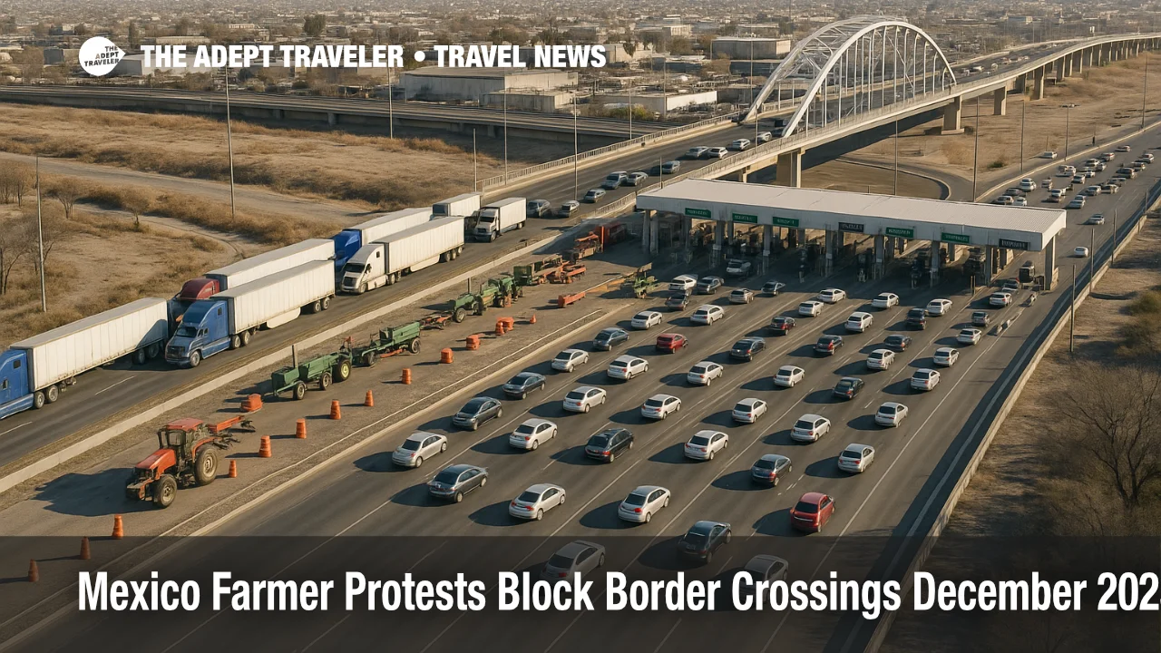 Aerial view of Mexico farmer protest border crossings near Ciudad Juárez, with trucks queued at the Ysleta-Zaragoza bridge and traffic halted on highway approaches.