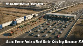 Aerial view of Mexico farmer protest border crossings near Ciudad Juárez, with trucks queued at the Ysleta-Zaragoza bridge and traffic halted on highway approaches.