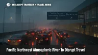 Cars queue outside Seattle Tacoma Airport as a Pacific Northwest atmospheric river brings heavy rain and longer travel times.