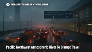 Cars queue outside Seattle Tacoma Airport as a Pacific Northwest atmospheric river brings heavy rain and longer travel times.