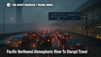 Cars queue outside Seattle Tacoma Airport as a Pacific Northwest atmospheric river brings heavy rain and longer travel times.