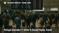 Travelers watch a departures board inside Lisbon airport during the Portugal general strike flights disruption on December 11, 2025, as many services are cancelled.